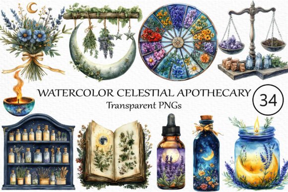 Download Watercolor Celestial Apothecary Clip Art - Car Collection