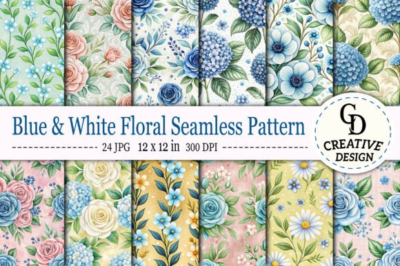 Download Blue &amp; White Floral Seamless Pattern - Flora Collection