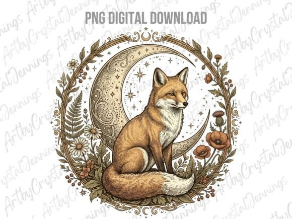 Download Vintage Floral Celestial Fox Moon PNG - Flora Collection
