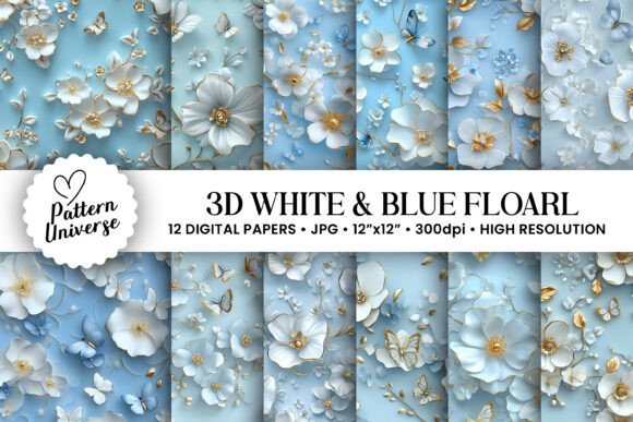 Download 3D White and Blue Floral Pattern - Flora Collection